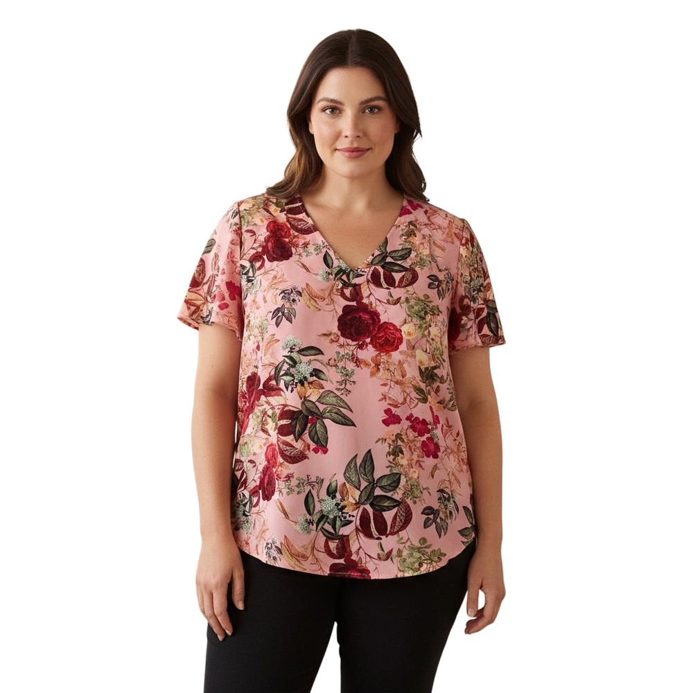 TORRID 00 0X XL Pink Burgundy Floral Harper Short Sleeve Blouse R $49